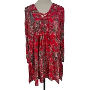 NEW Zaka Women's L Red Paisley Lace Up Tunic Dress w/ Pockets Bohemian - AC